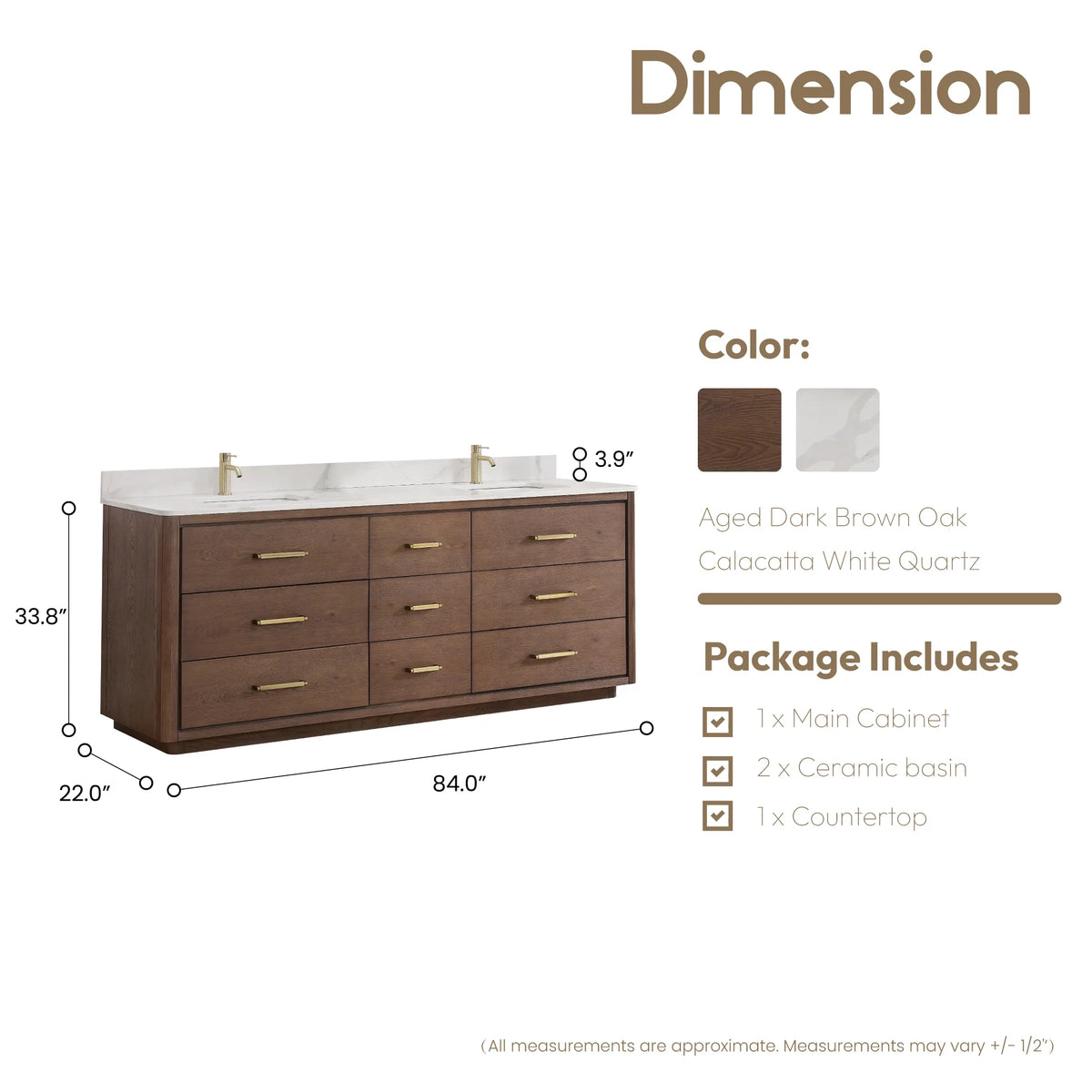 Measurements drawing, 84 x 22 x 34 inches (W x D x H), double vanity