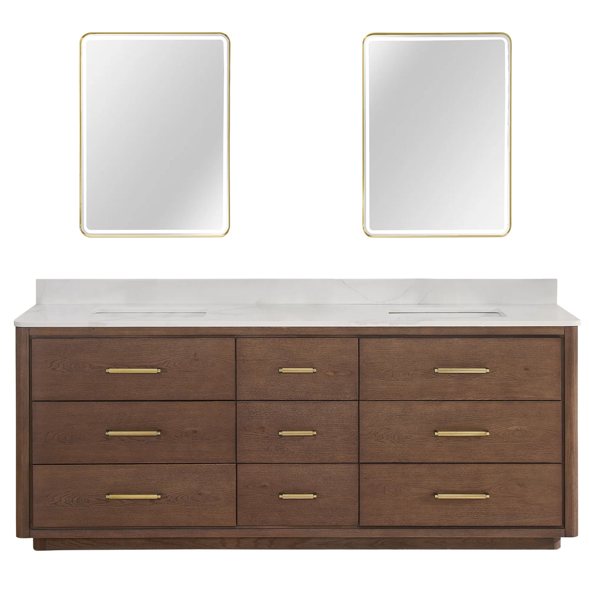 Two LED mirrors above the 84 inch double vanity in Aged Dark Brown Oak, front view on white