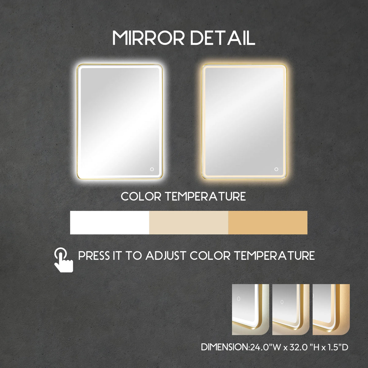 Callout for the matching LED mirror of the Aged Dark Brown Oak vanity, with adjustable color temperature