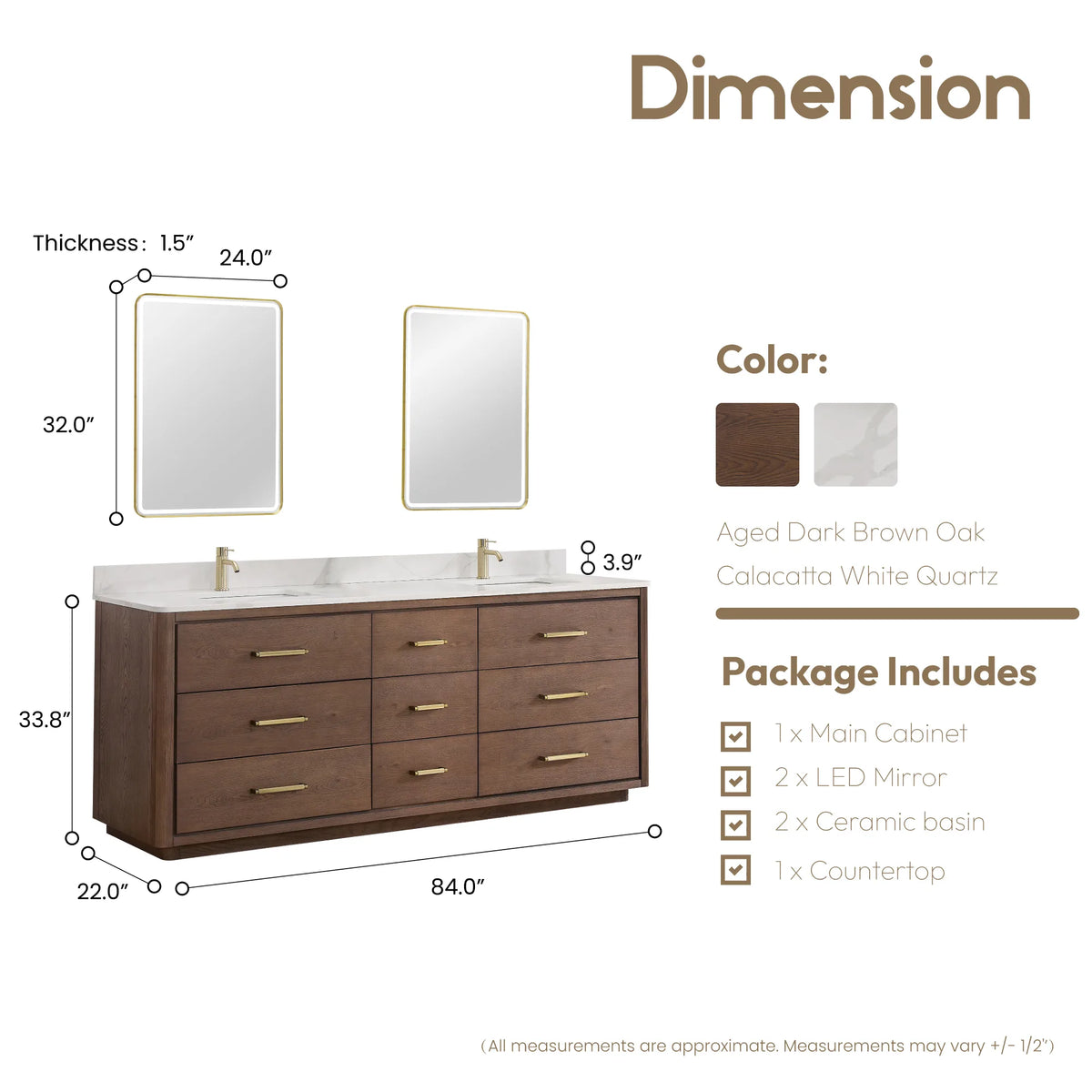 Measured drawing: 84 inch double vanity with two LED mirrors above, 34 inches high