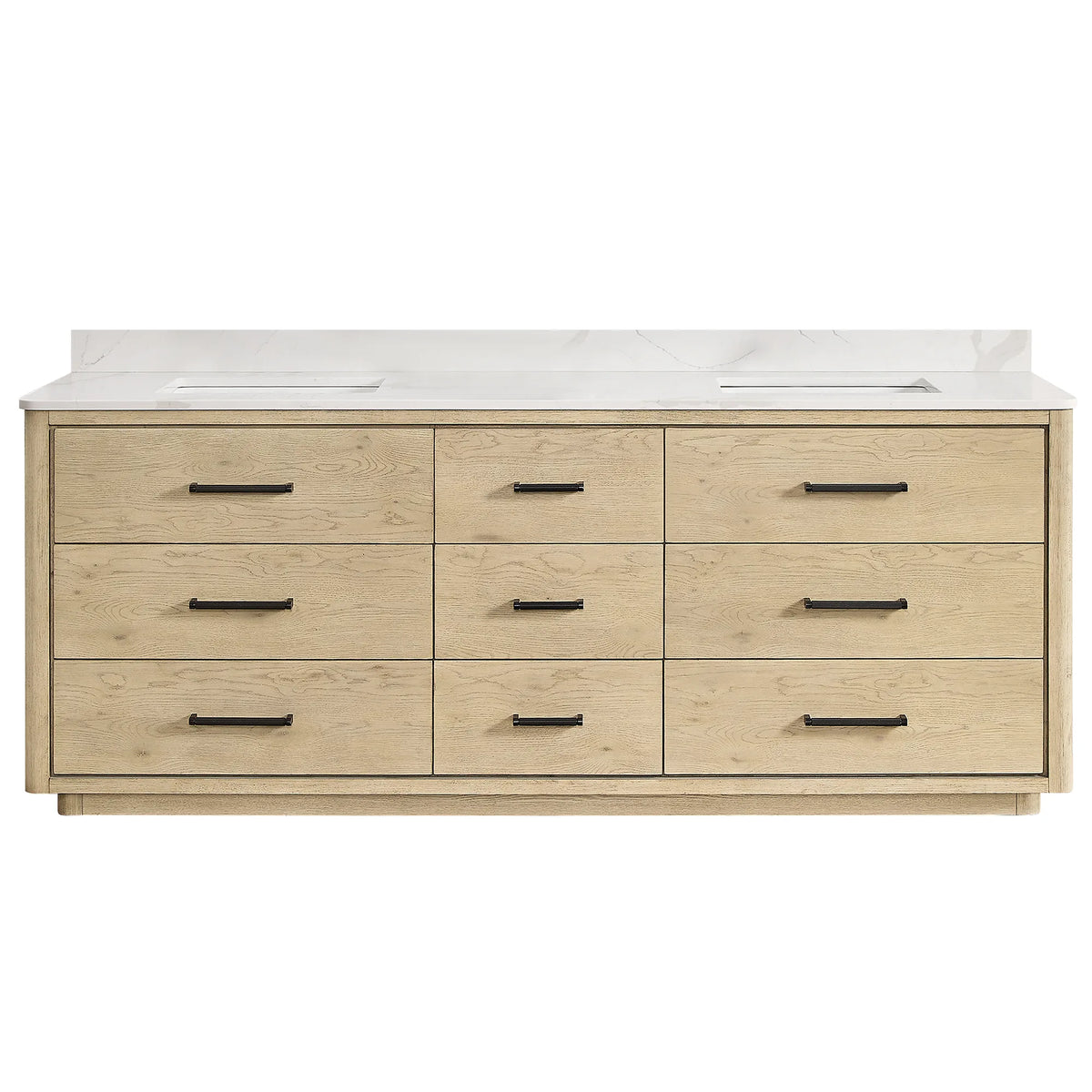 Aged Natural Oak double bathroom vanity, 84 inches wide, with nine soft-close drawers and a quartz top