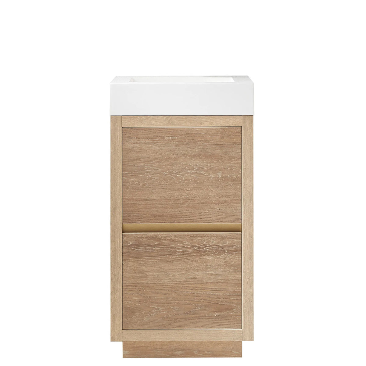 Front view of an 18 inch North American Oak single bathroom vanity with a white composite top on white