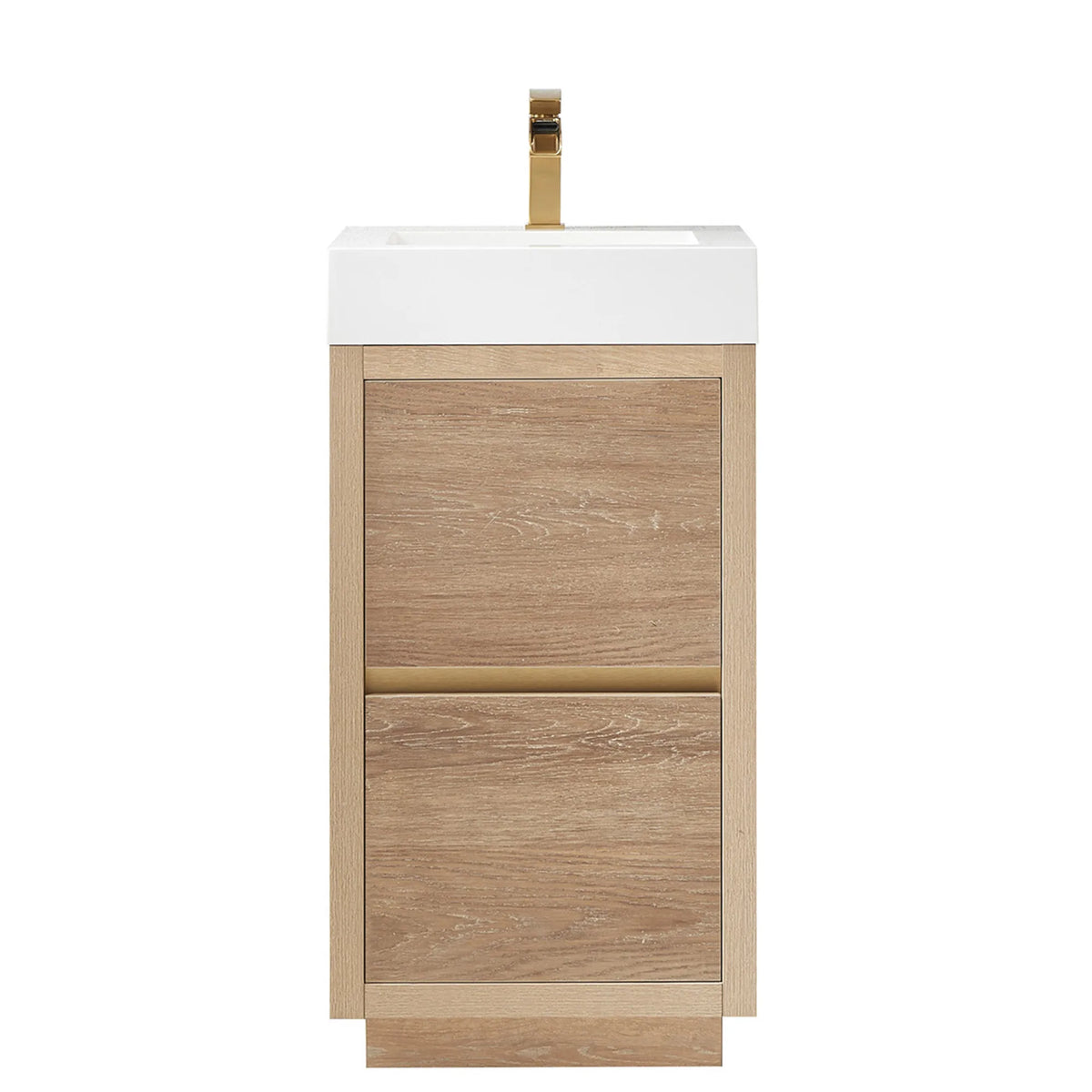Front view of the 18 inch vanity in North American Oak on white, low base plinth below the drawers