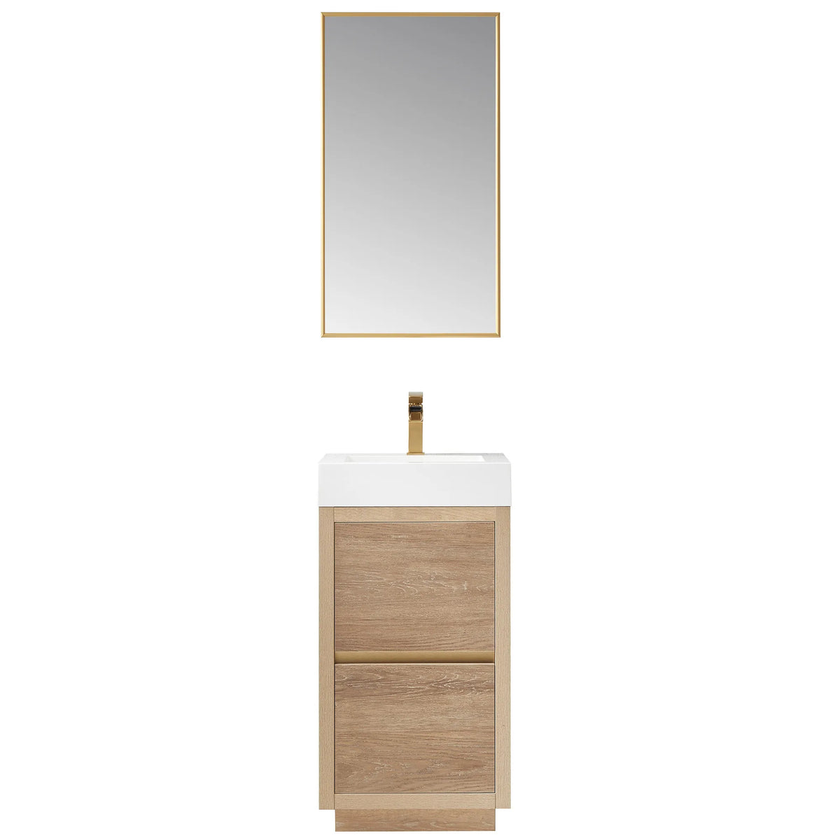 Front view of the 18 inch vanity with matching mirror above it, white background, oak finish