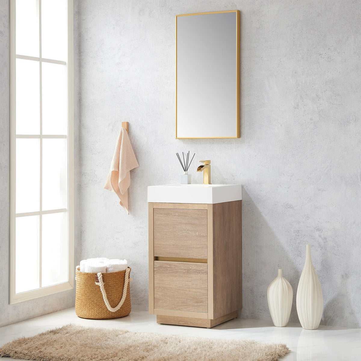 Room view of the vanity and mirror next to a tall window, white vases at right