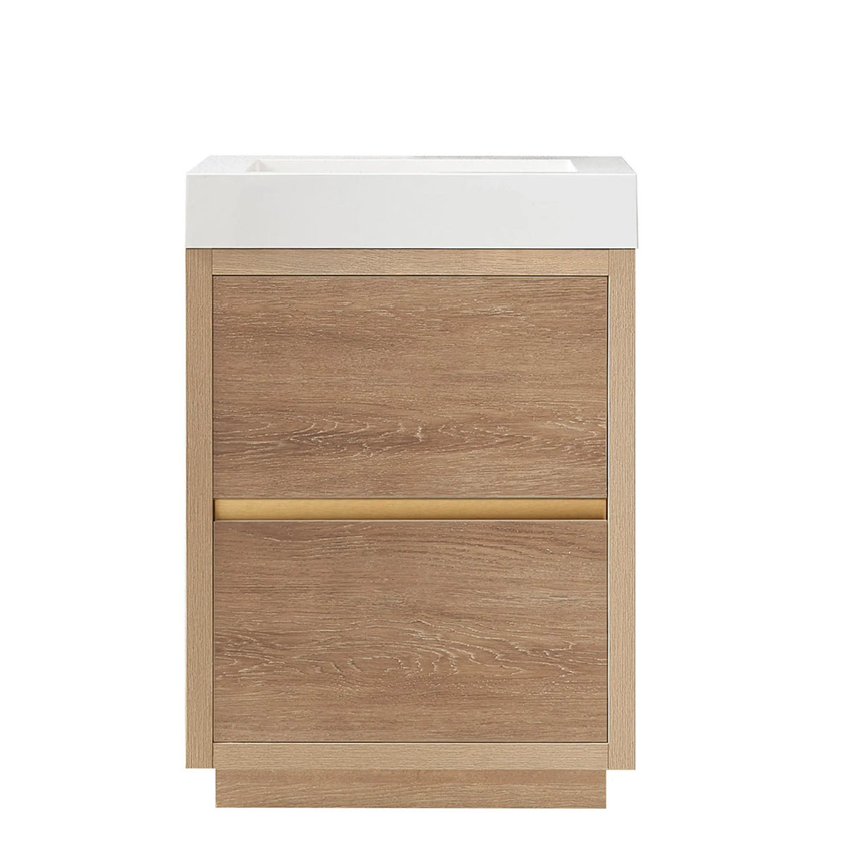 Front view of a 24 inch North American Oak single bathroom vanity on white, composite top, brushed gold pull