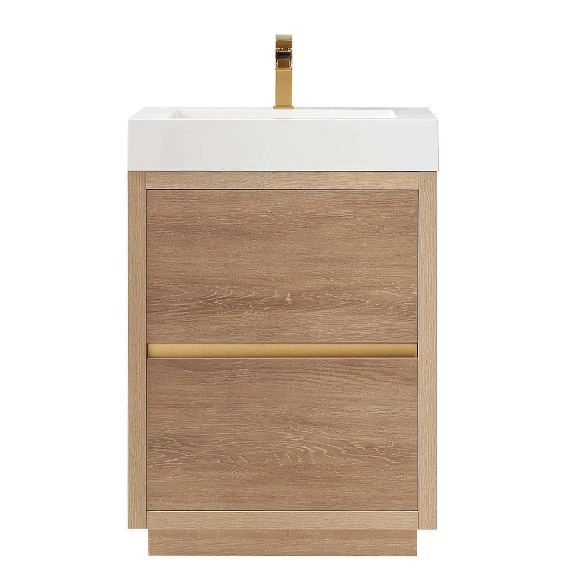 Front view of the 24 inch vanity on white with brushed gold pull and low plinth