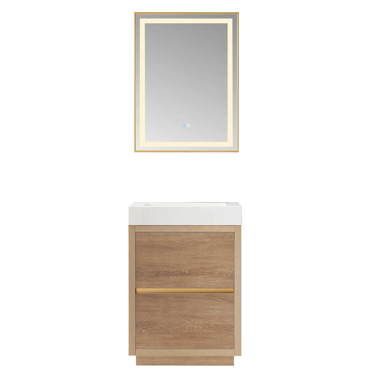 24 inch vanity with matching LED mirror, front view on white, oak finish