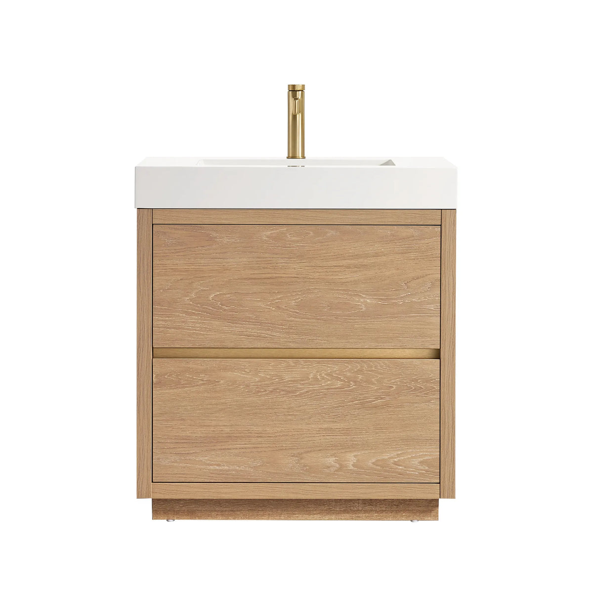Front view of the 30 inch vanity on white, brushed gold pull and short plinth