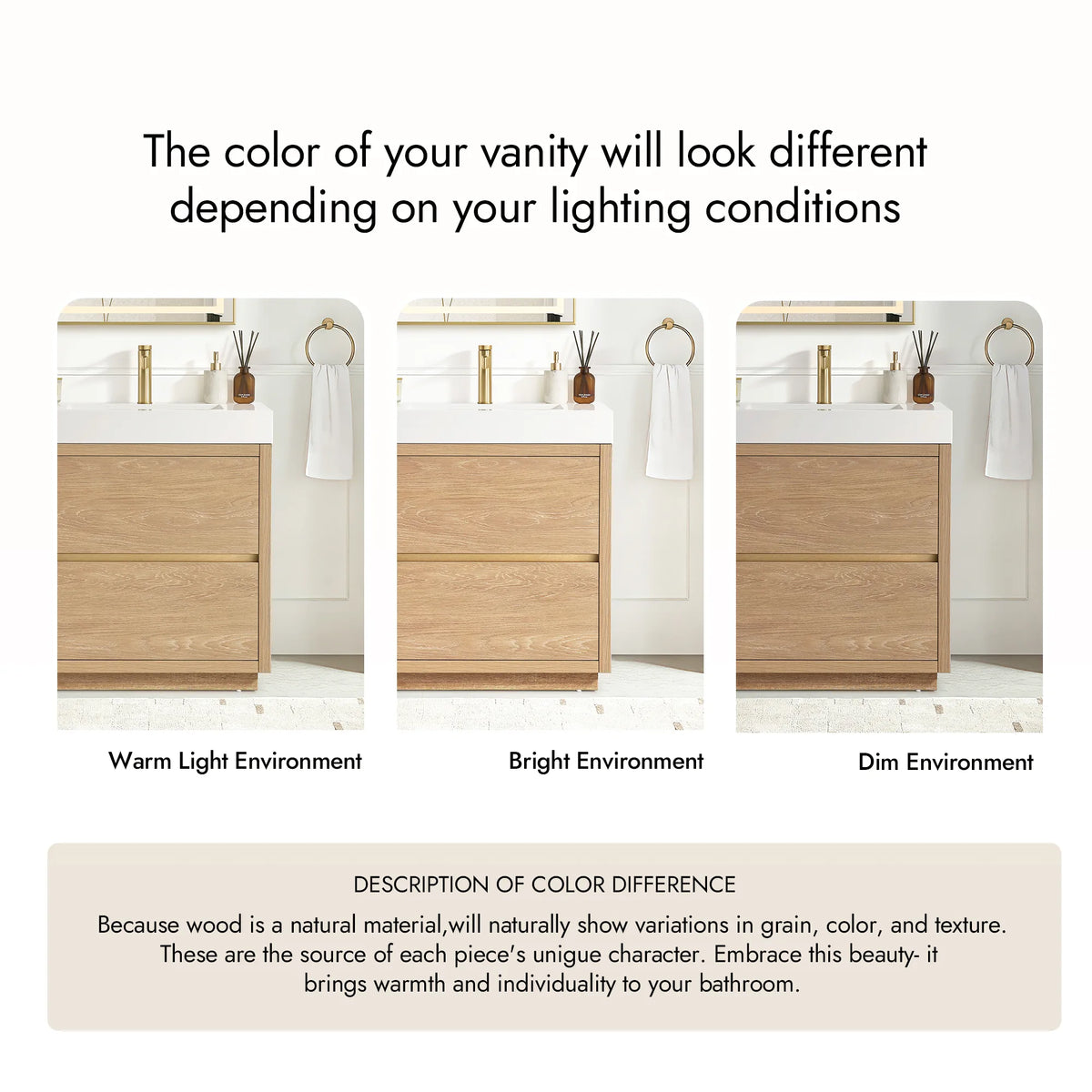 Color note graphic comparing the oak finish in warm, bright and dim light