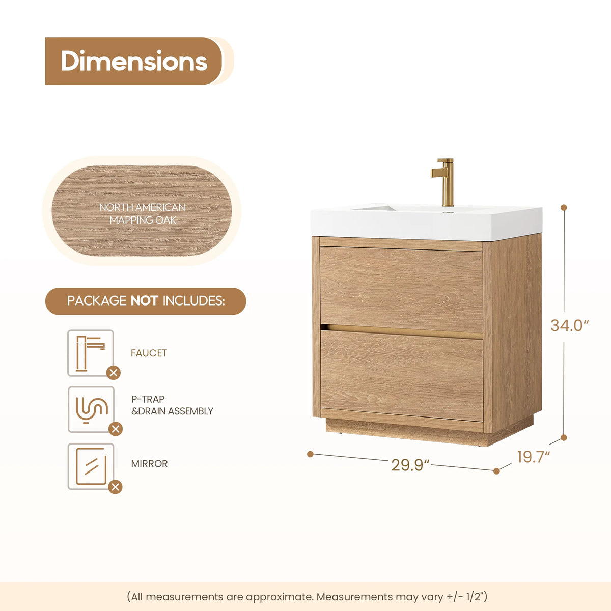 Page of measurement arrows around the 30 inch single vanity, plus a list of items not in the package