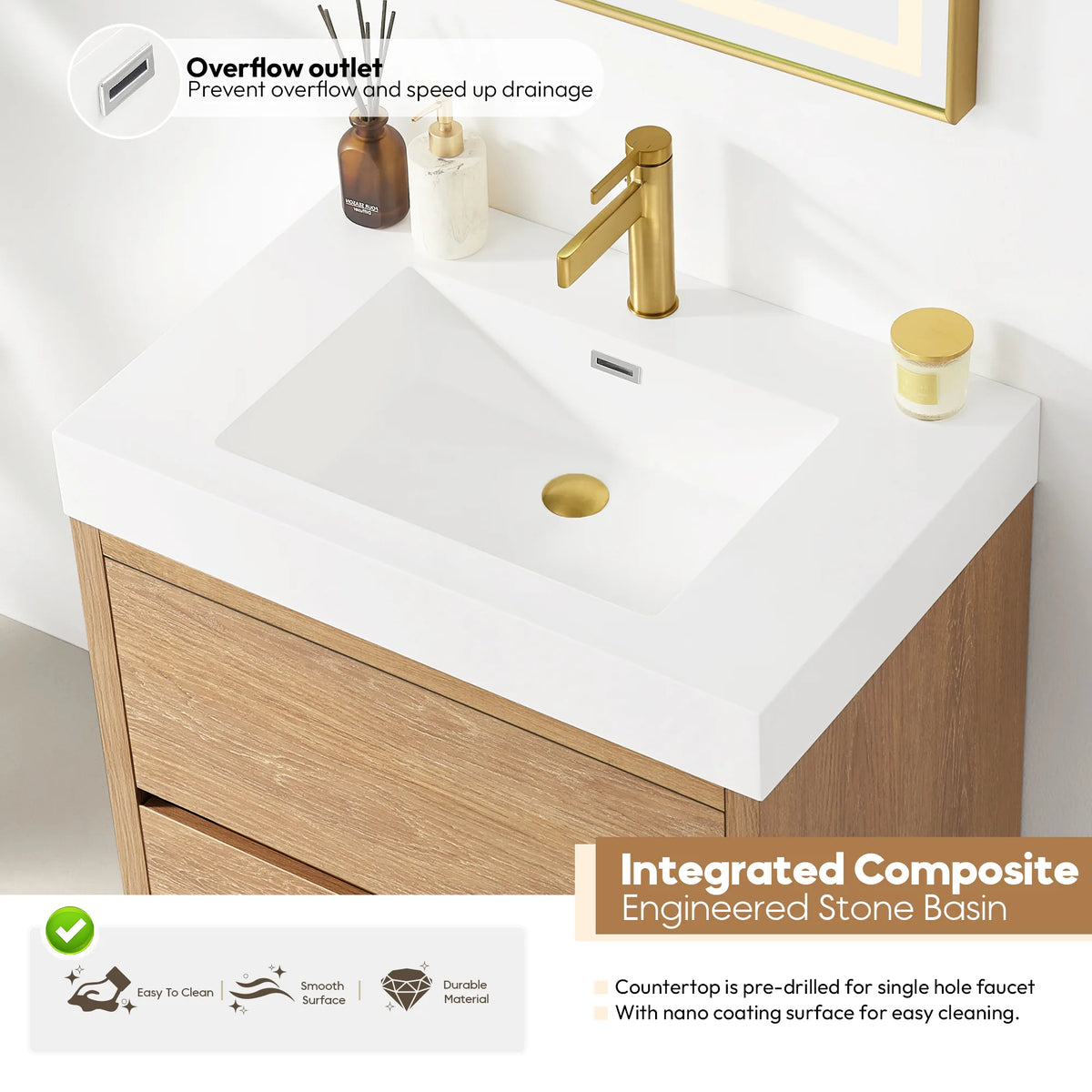 Feature graphic of the white composite integrated sink with a drain and easy-clean icons