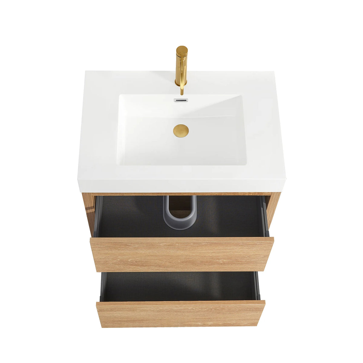 Overhead view of the white integrated sink with the drawers open to gray interiors