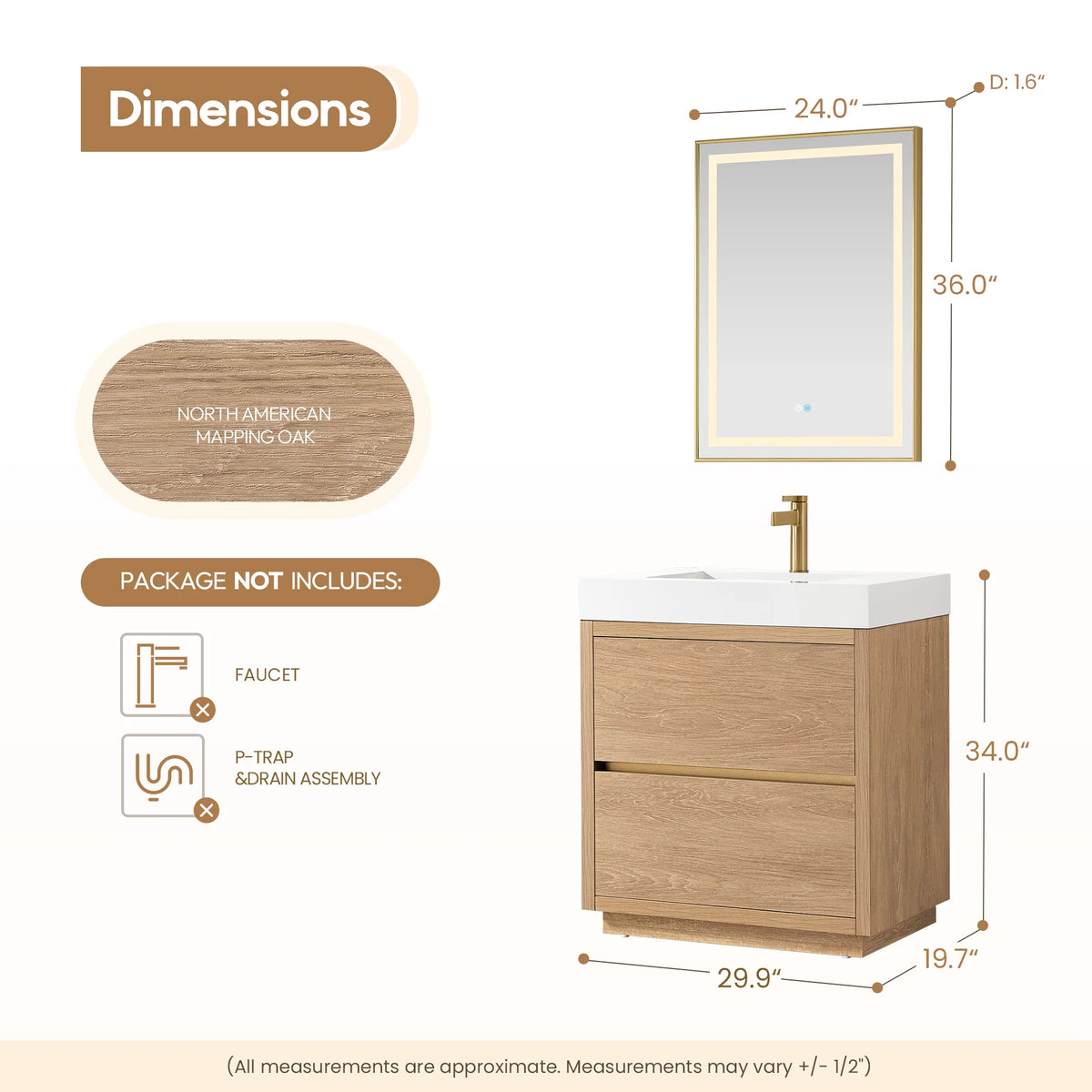 Spec sheet for the 30 inch single vanity with mirror, measurement arrows marked on all three sides
