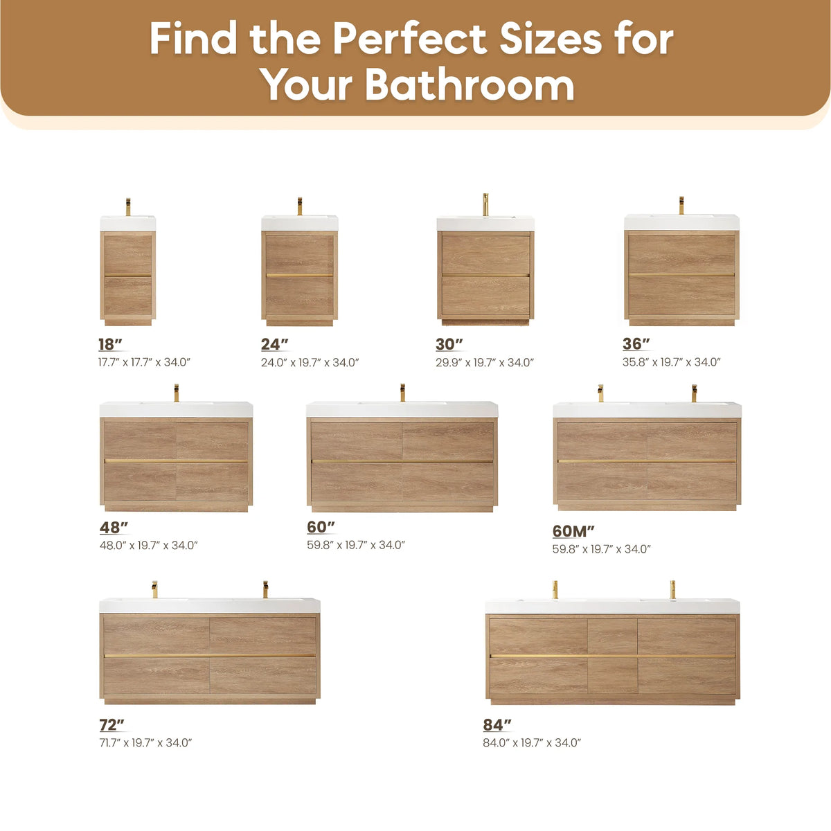 Size chart graphic listing the vanity widths available, shown in rows