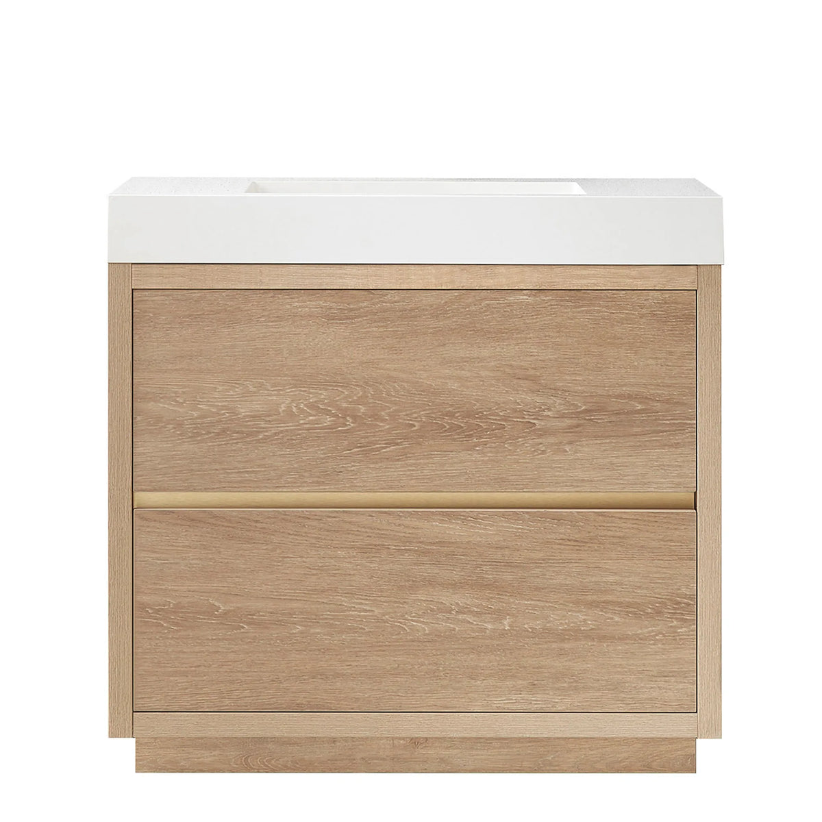 Front view of a 36 inch North American Oak single bathroom vanity with a white composite top on white