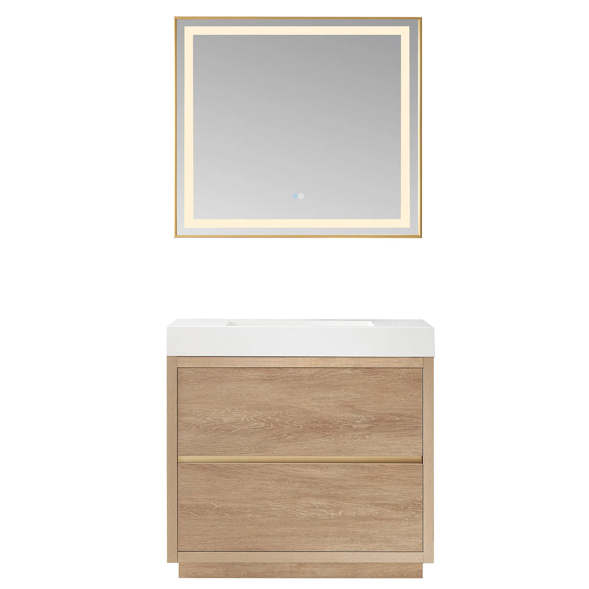 36 inch vanity with a matching LED mirror, front view on white, oak front
