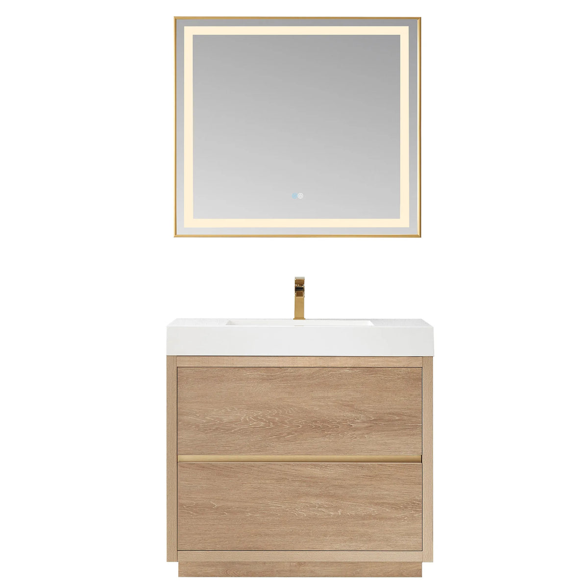 36 inch vanity with matching square LED mirror, front view on white