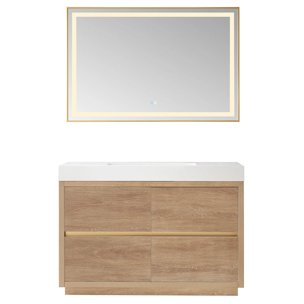 48 inch vanity with matching rectangular mirror above, front view on white, oak finish