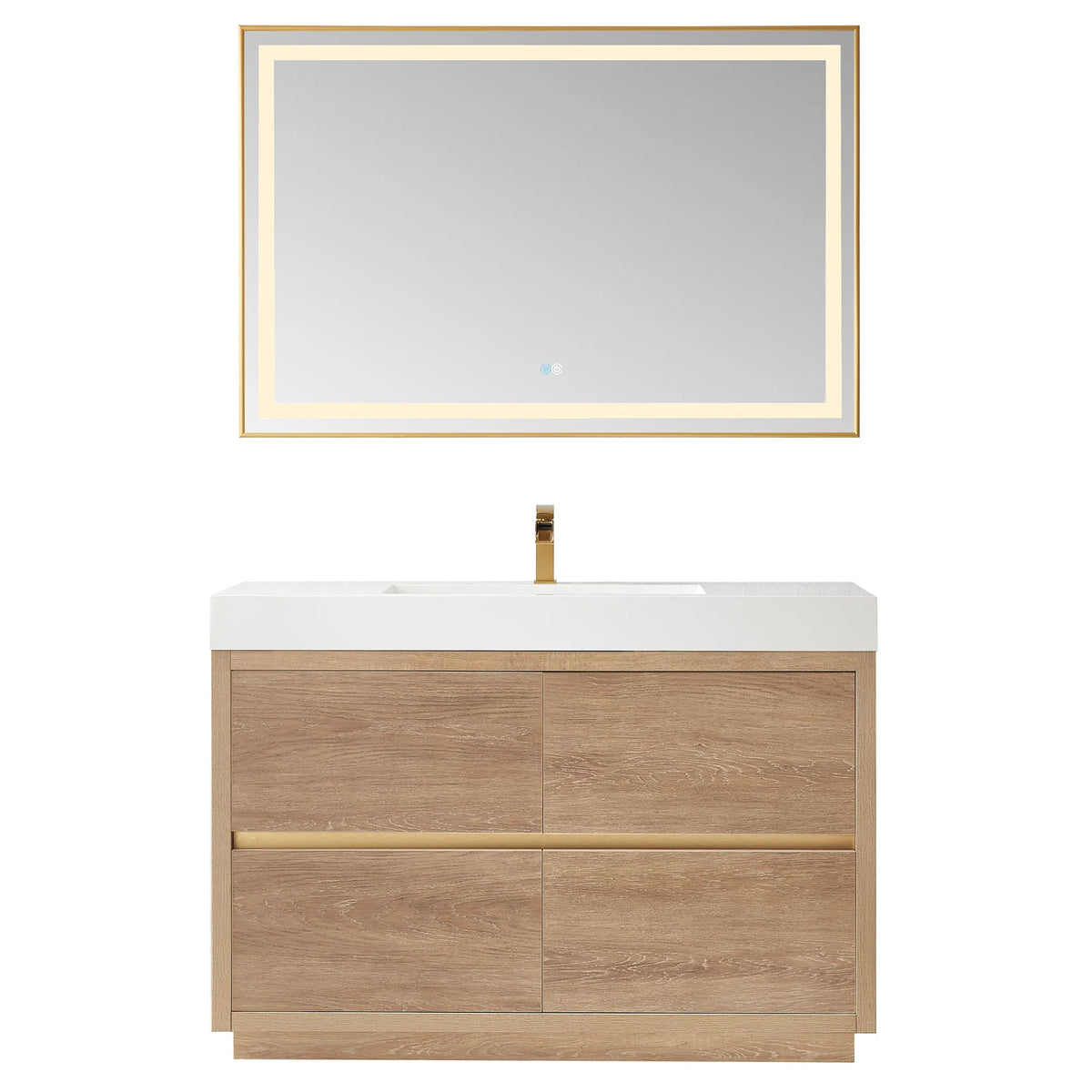 Front view of the vanity with a matching horizontal LED mirror on white, 48 inch size