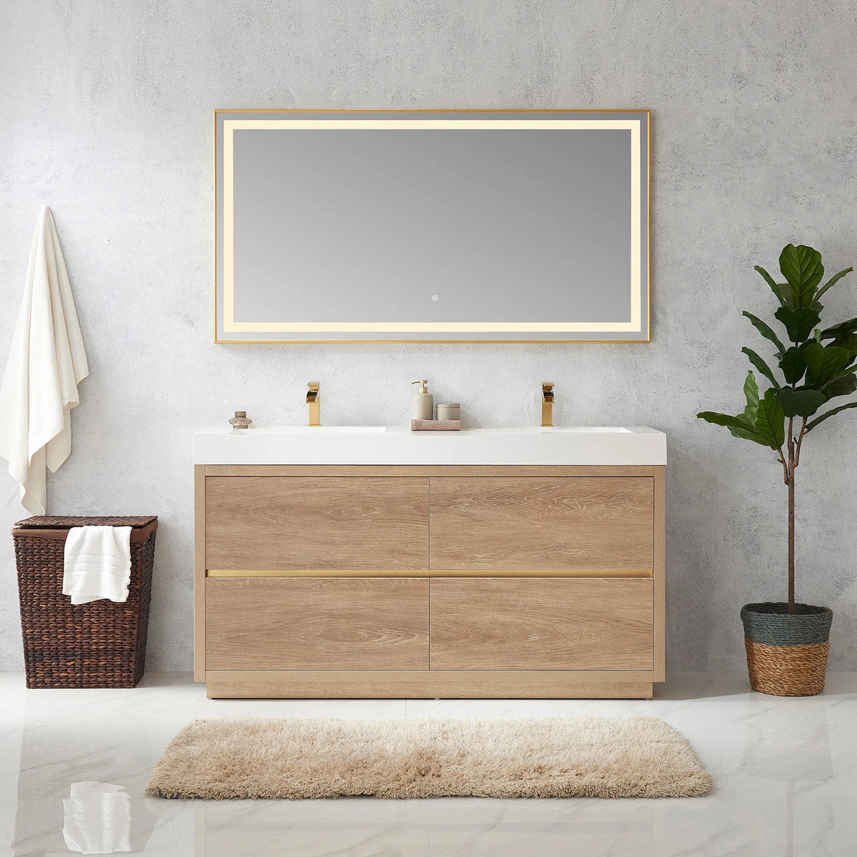 Room scene of the 60 inch double vanity with one wide LED mirror, towel, hamper, plant and rug