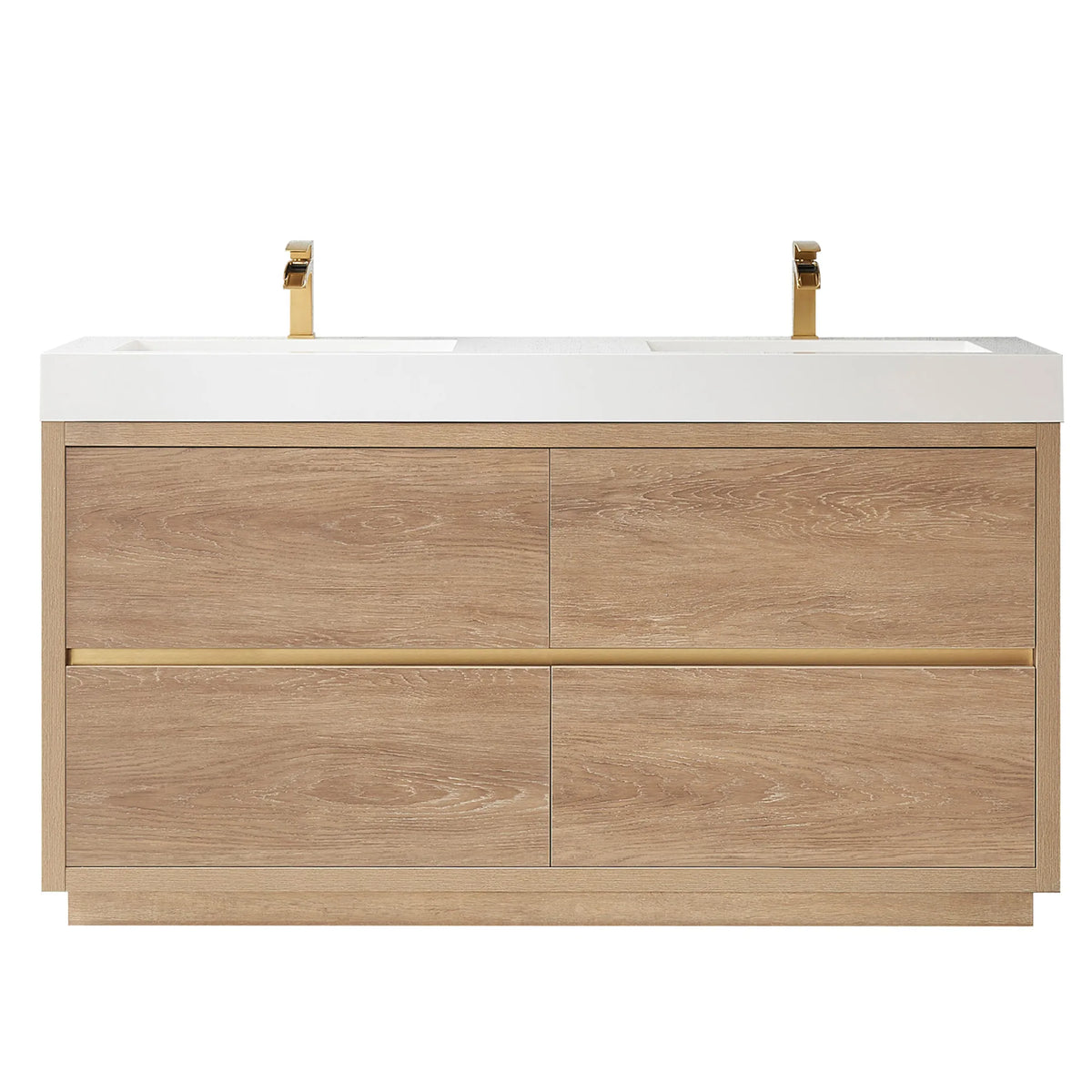 Front view of the 60 inch double vanity on white, brushed gold pull line and low plinth