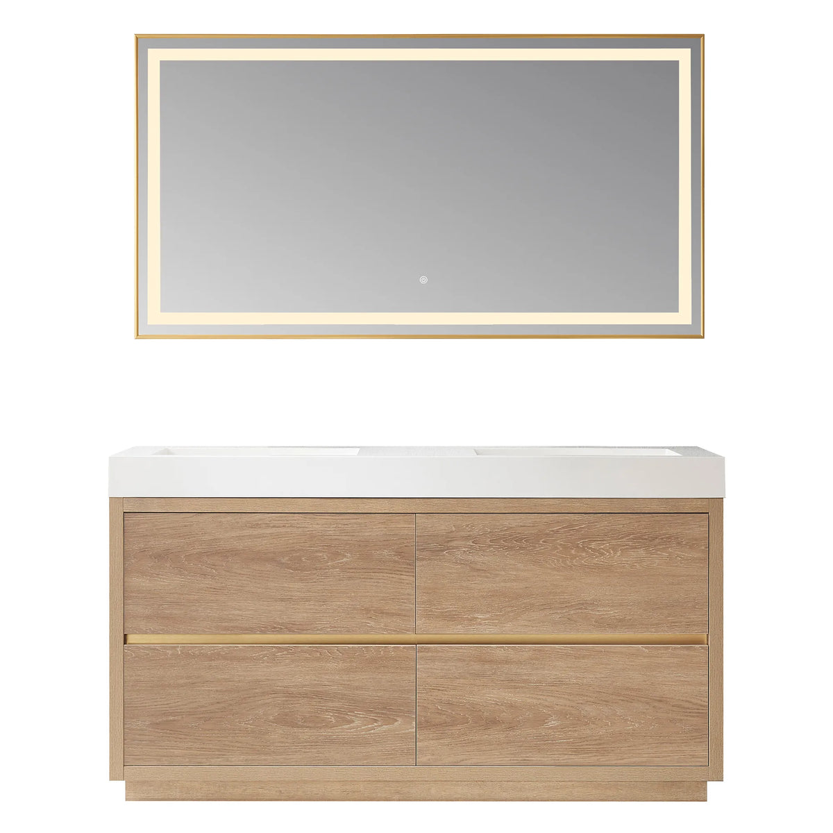 Double-sink vanity with a single matching wide mirror, front view on white, oak front