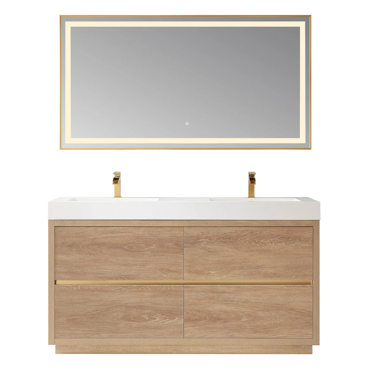 60 inch double vanity with one matching LED mirror above, front view on white, oak finish