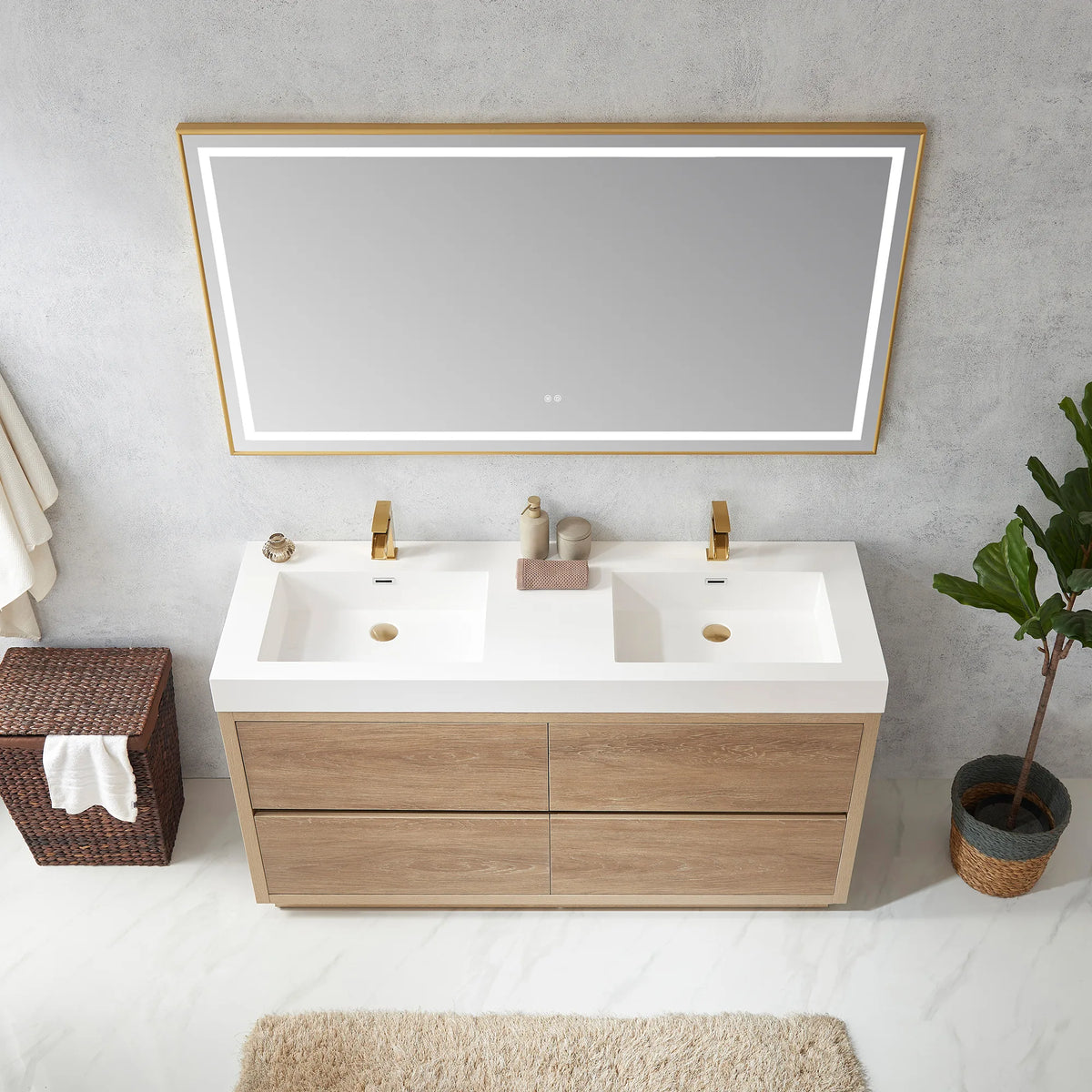 High-angle view of the double sink top with LED mirror above, soap dispenser at the center
