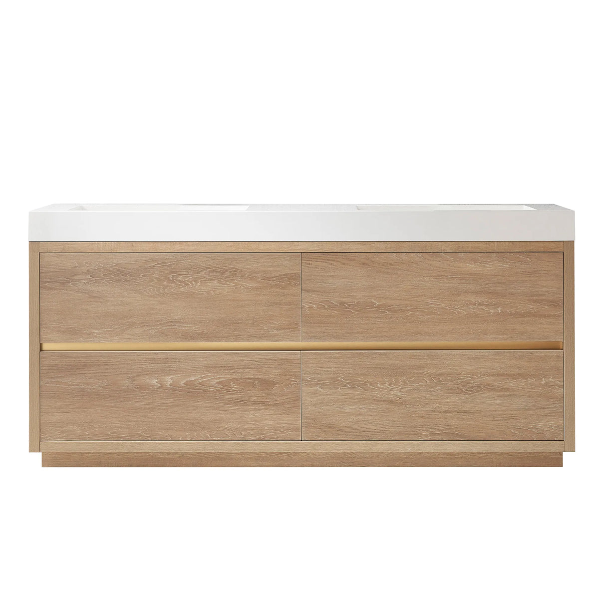 Front view of a 72 inch North American Oak double bathroom vanity with white composite top on a white background