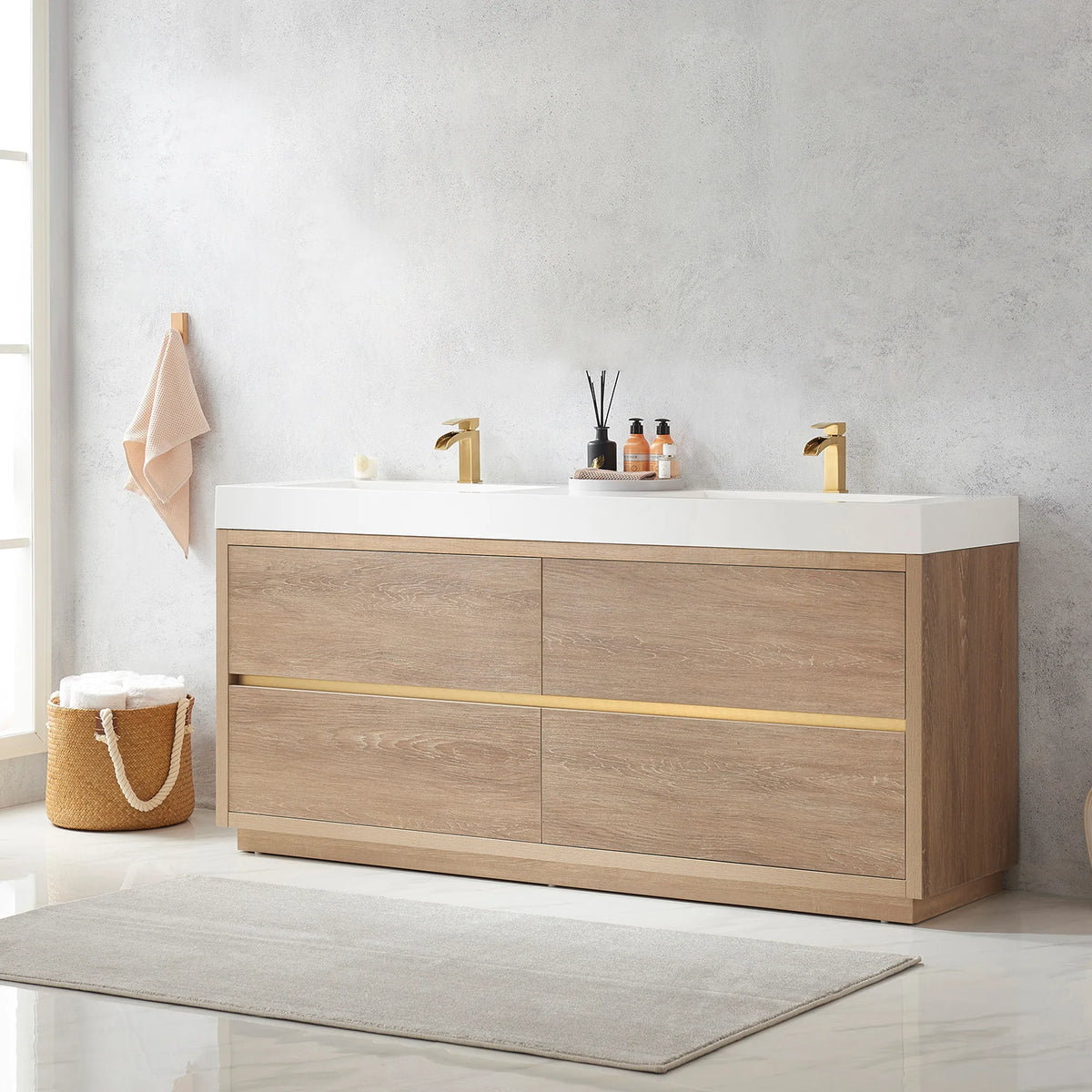 Angled view of the 72 inch double vanity with hook, towel basket and a long gray rug
