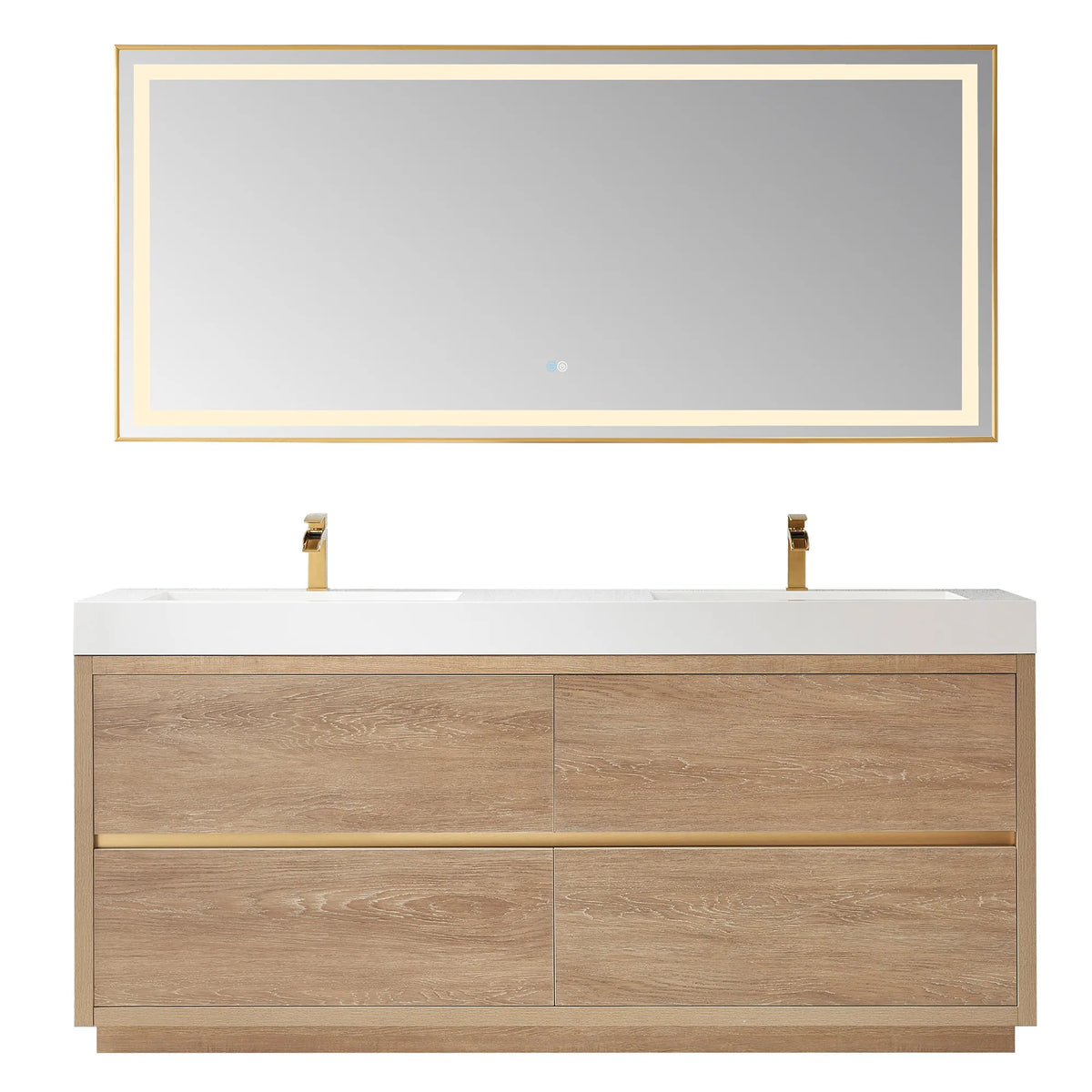 72 inch double vanity with matching wide LED mirror above it, front view on white, oak finish
