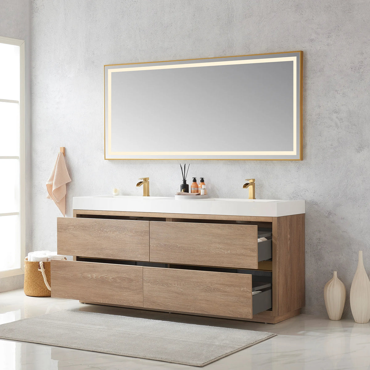 Wide room view of the 72 inch double vanity with drawers open, LED mirror above, basket and vases