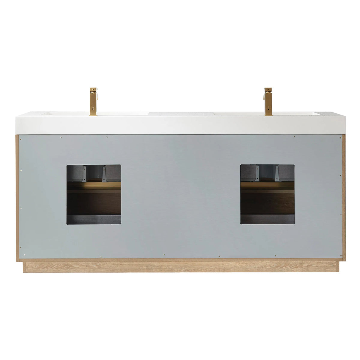 Back view of the 72 inch double vanity on white, gray back panel with plumbing cutouts