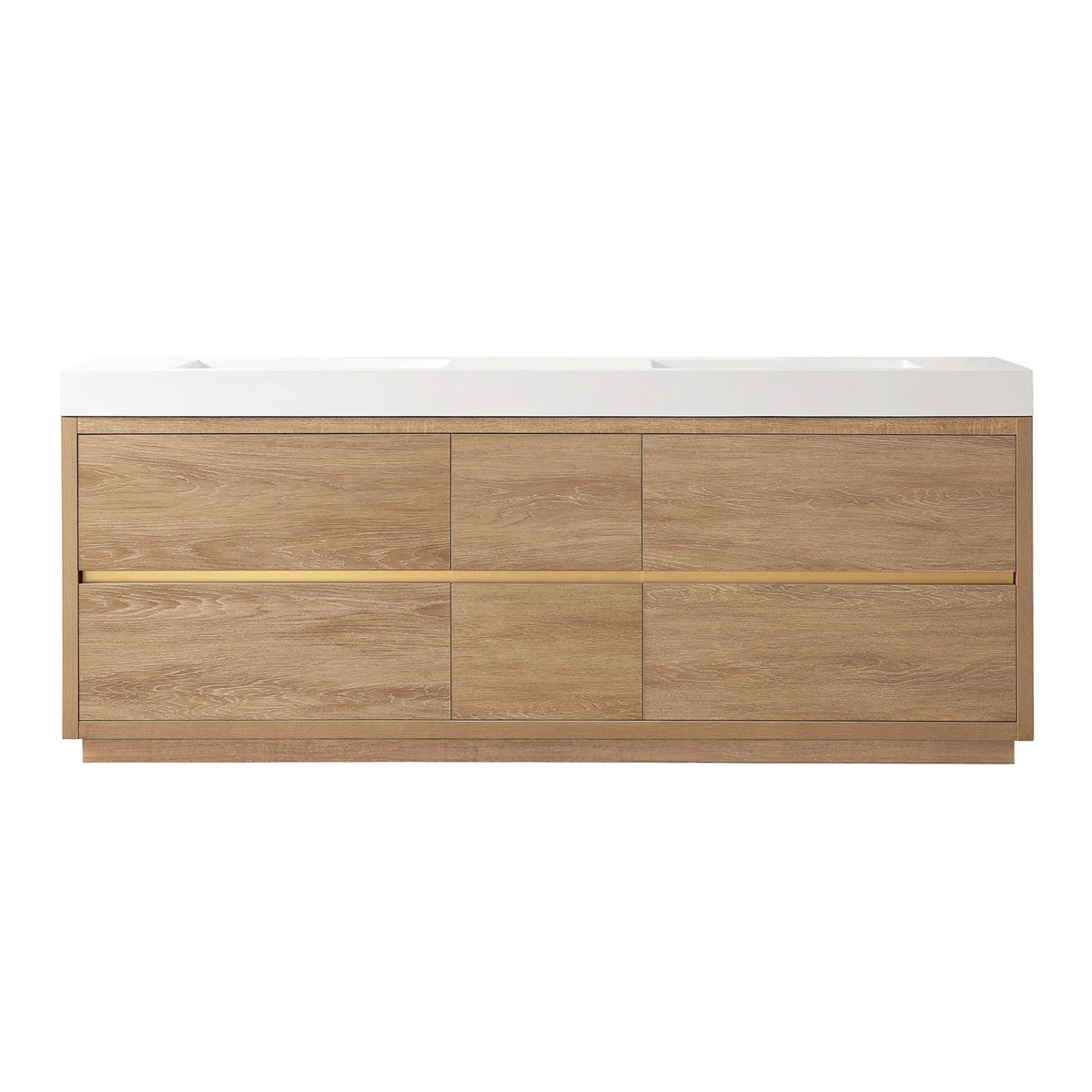 Front view of an 84 inch North American Oak double bathroom vanity with white composite top on a white background