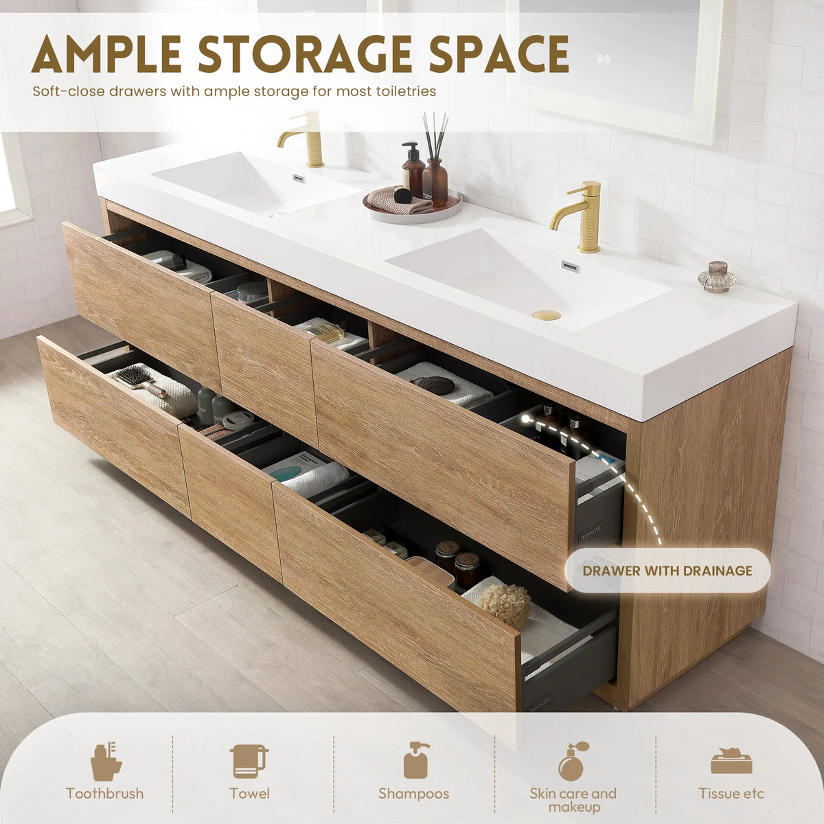 Feature graphic of open soft-close drawers with toiletry icons below, 84 inch vanity