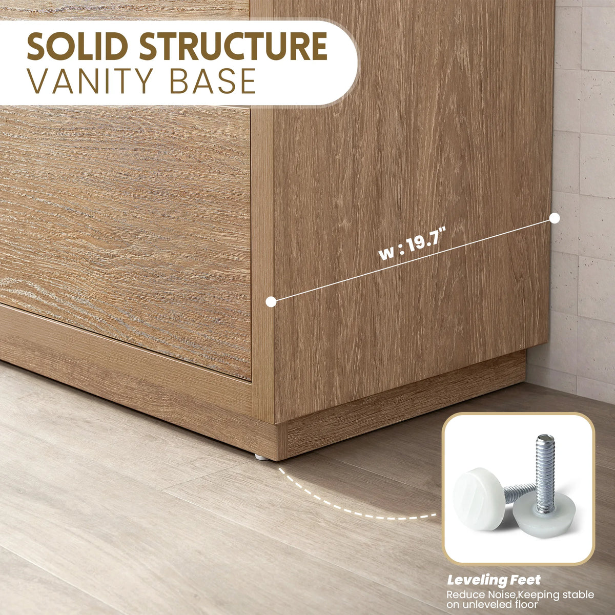 Feature graphic of the vanity base corner on a plank floor with an inset of the foot below it