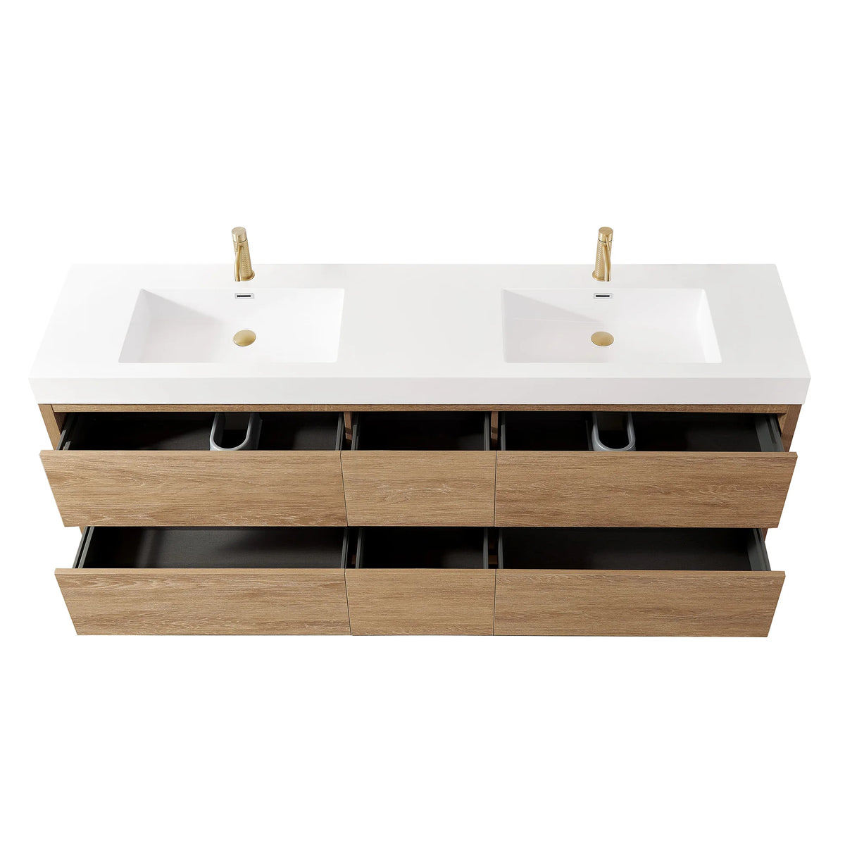 Top-down view of the integrated double sink top with drawers open on a white background