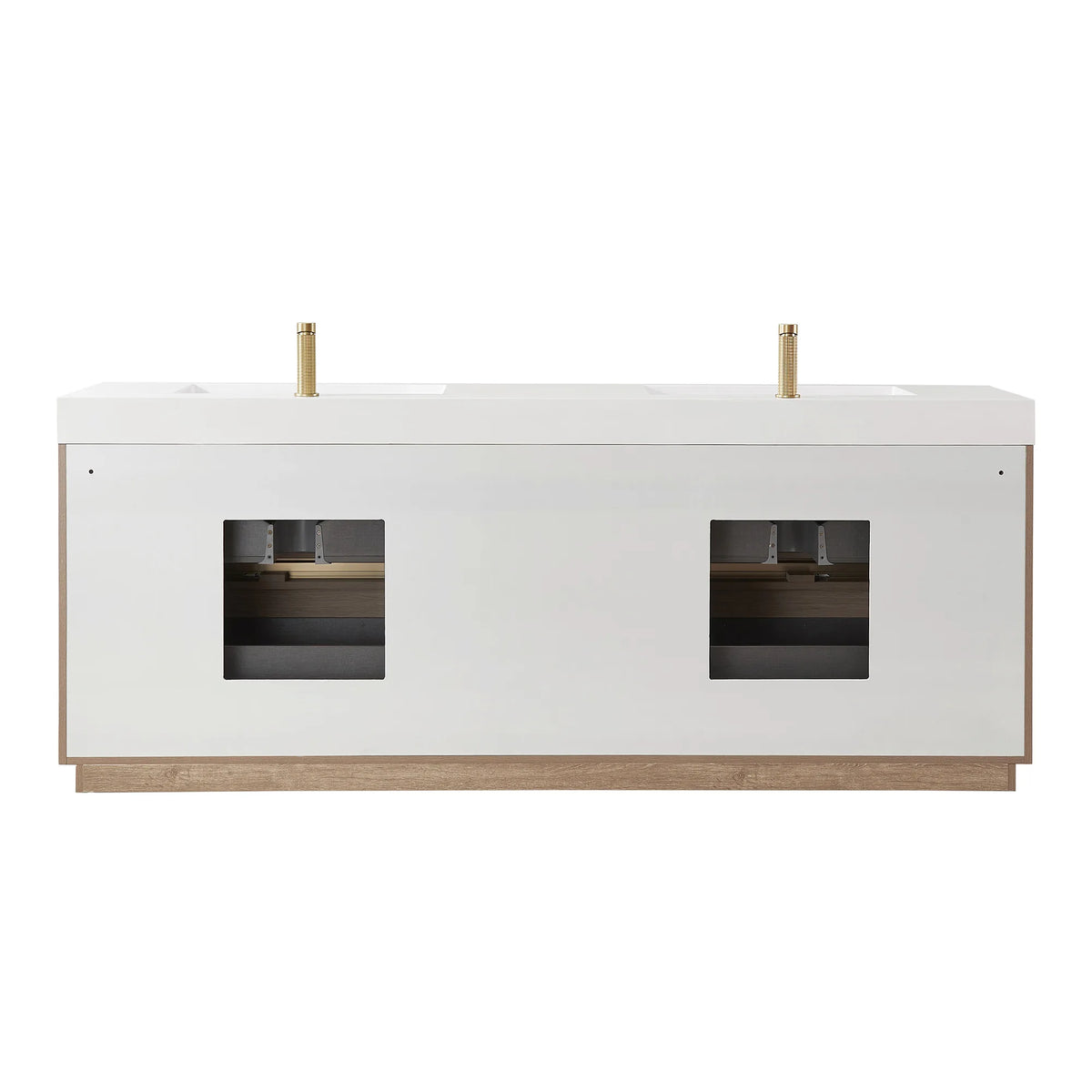 Rear view of the 84 inch double vanity on white, white back panel with plumbing cutouts
