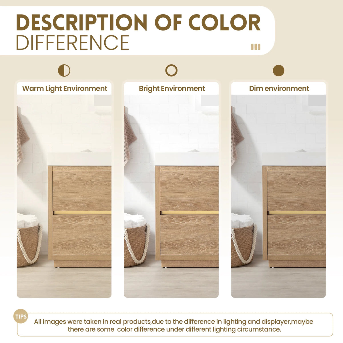 Color note graphic comparing the oak finish in warm, bright and dim light