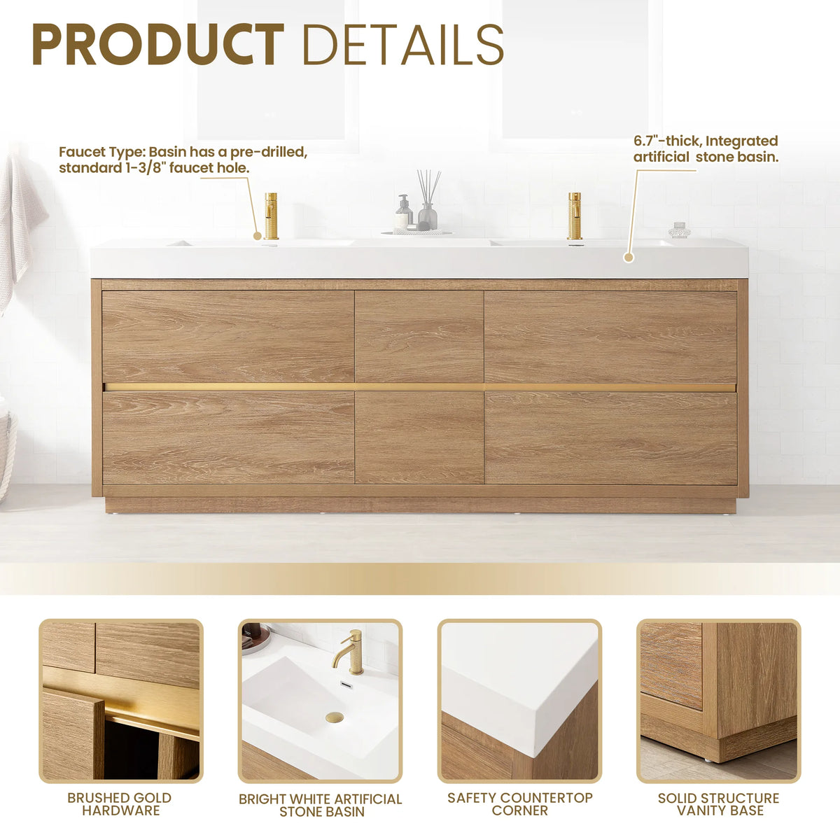 Product details graphic of the 84 inch double vanity, small panels for hardware, sink, top corner and base