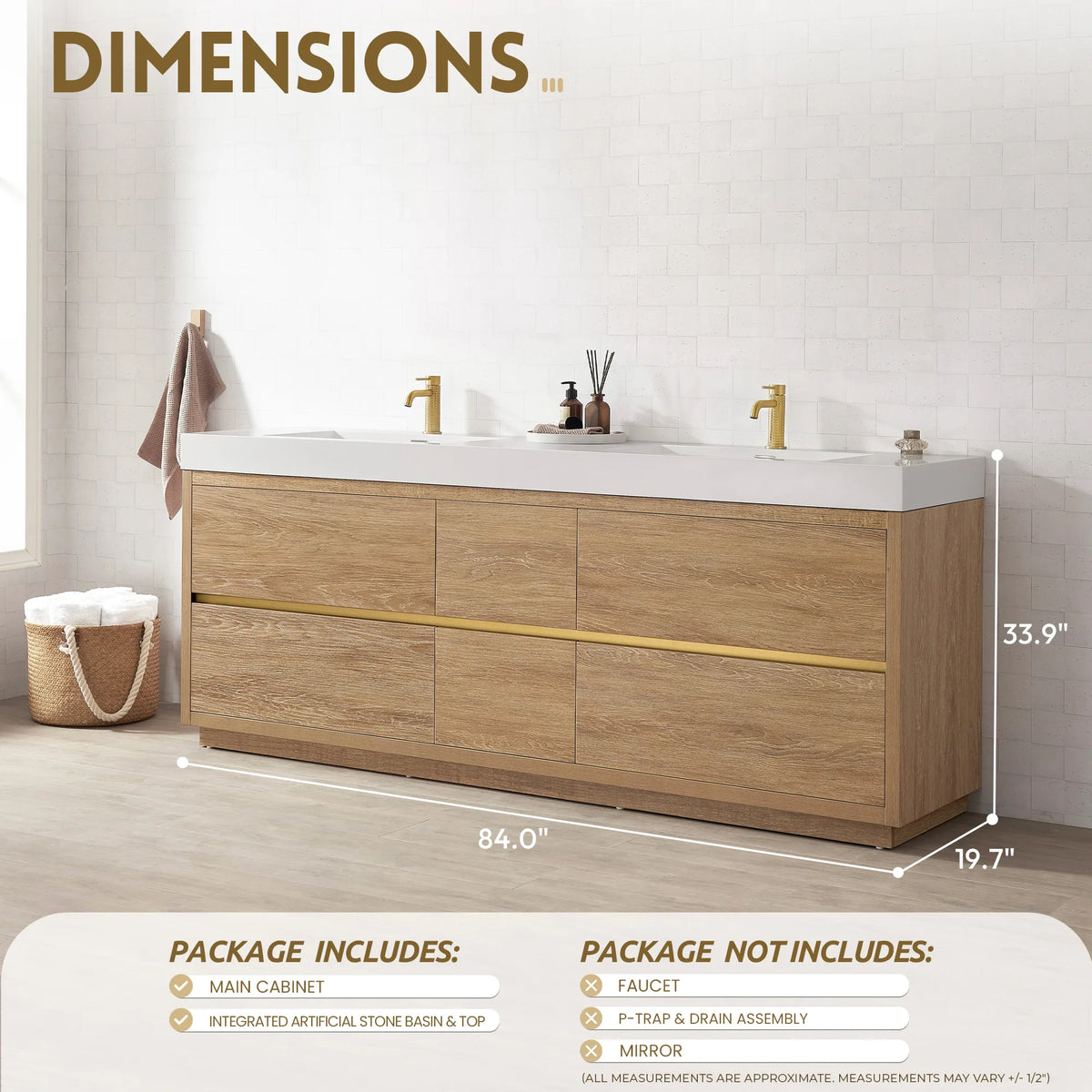 Dimension drawing of the 84 inch double vanity showing overall width, depth and height