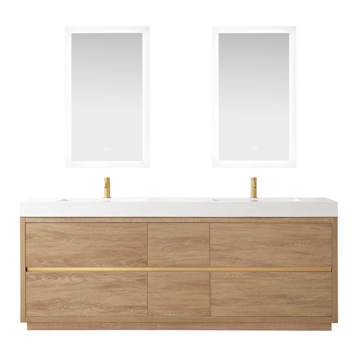 84 inch double vanity with a pair of tall matching mirrors, front view on white, oak finish