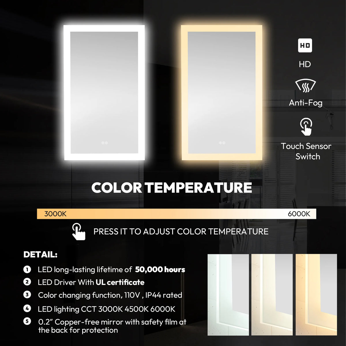 LED mirror feature graphic with lit mirrors, a color temperature bar and a column of feature icons