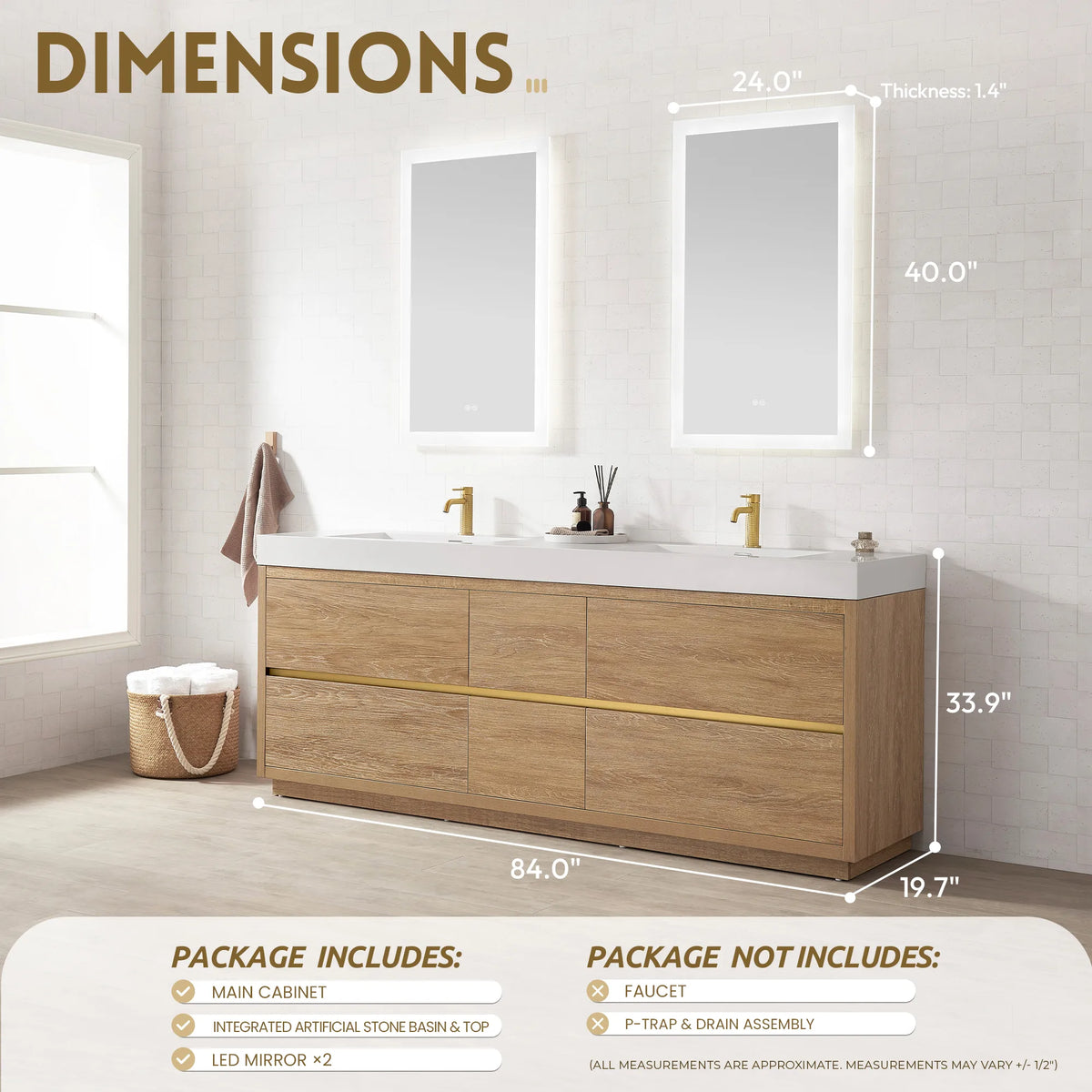 Dimension drawing of the 84 inch double vanity and two mirrors showing overall width, depth and height