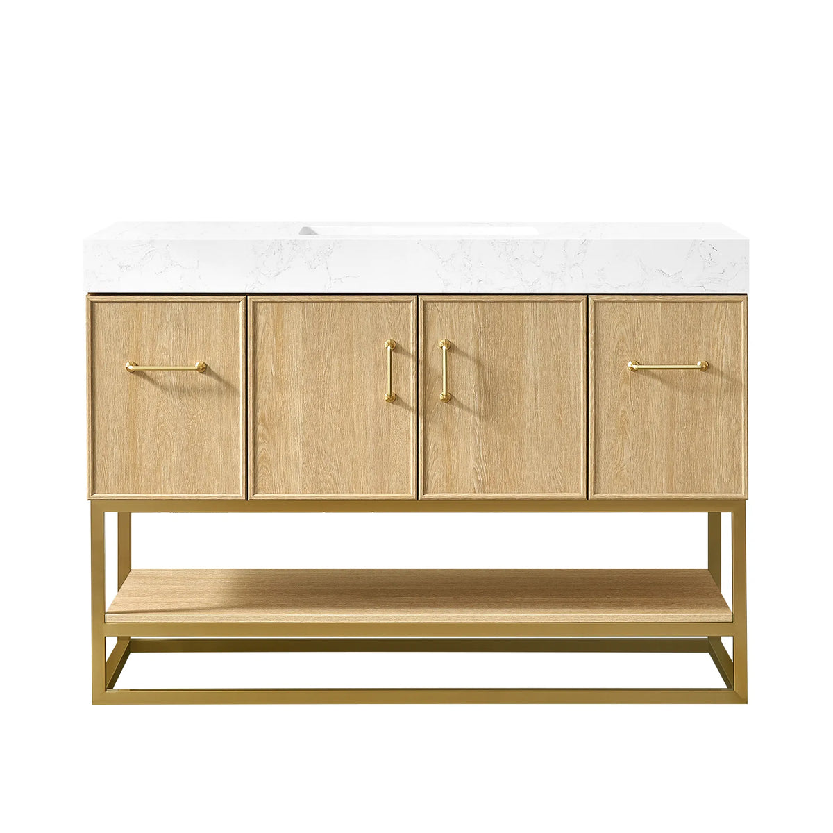 Straight-on studio shot of a 48 inch bathroom vanity with single sink, Dark Oak cabinet, gold pulls and a stone countertop