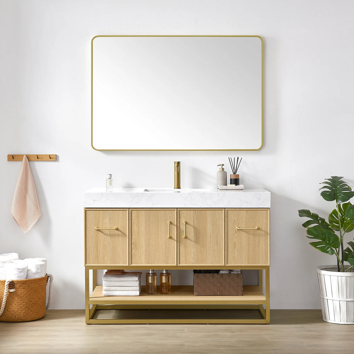 Bathroom scene with the 48 inch Dark Oak single vanity under a brushed gold wall mirror, towels on the open shelf