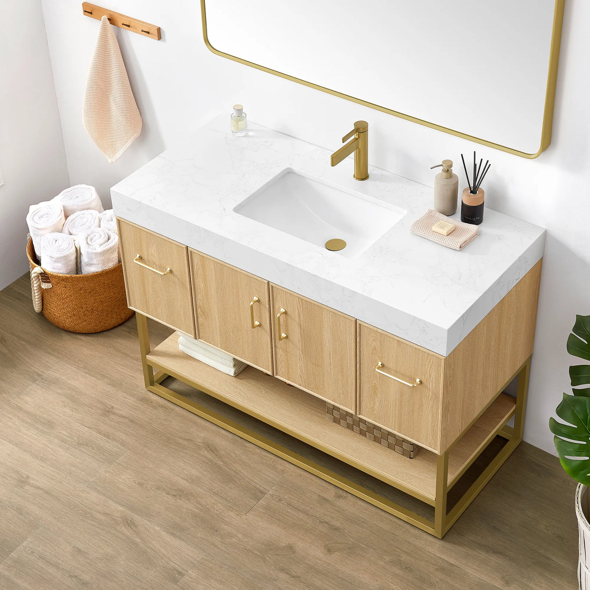 Sink and countertop detail on the 48 inch single sink vanity: composite stone with a ceramic undermount basin