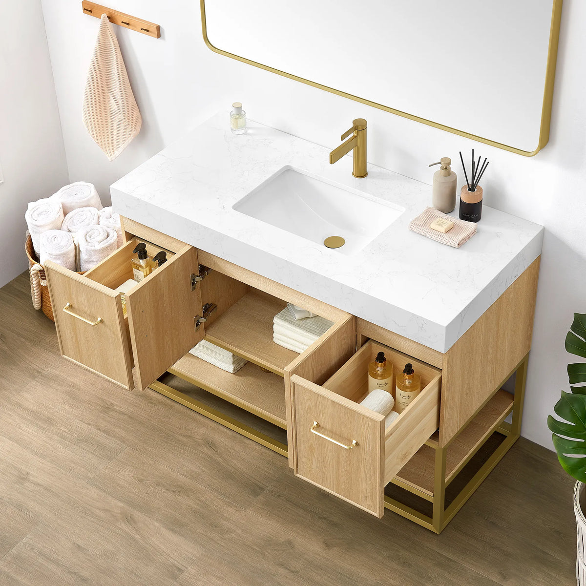 Storage view of the 48 inch Dark Oak single sink vanity, cabinet doors and drawer opened with items inside