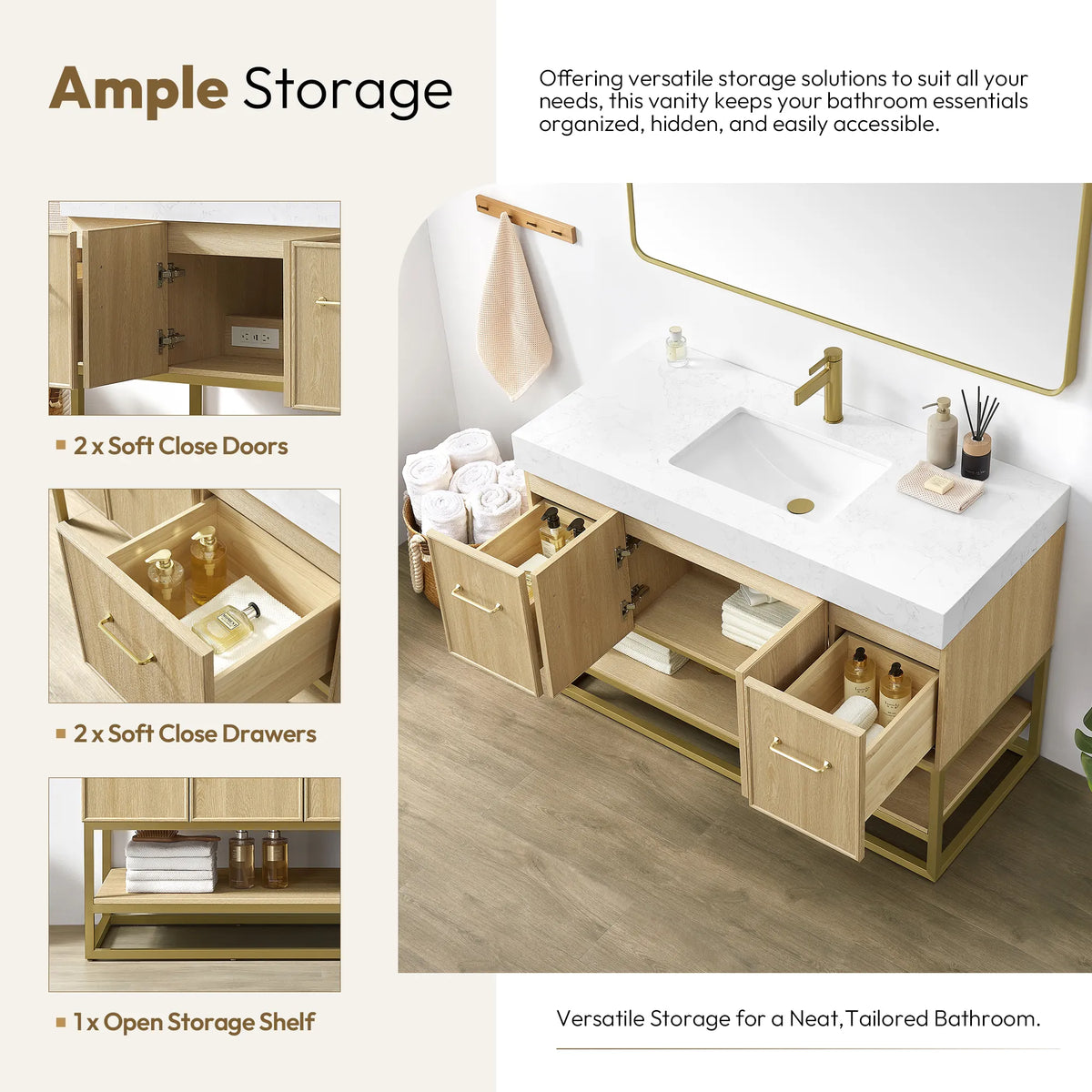 Storage graphic: soft-close doors and drawer plus an open shelf on the 48 inch Dark Oak single sink vanity